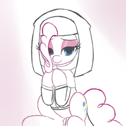 Size: 1000x1000 | Tagged: safe, artist:lemon, pinkie pie, earth pony, pony, bedroom eyes, eyeshadow, hair over one eye, looking at you, nun, praying, sitting, smiling, solo, wimple