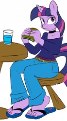 Size: 1034x1878 | Tagged: safe, artist:sweethd, derpibooru import, edit, twilight sparkle, anthro, plantigrade anthro, chair, clothes, colored, drink, feet, flip-flops, food, glass, jeans, nail polish, pants, sandals, sandwich, sitting, solo, table, toenails, toes