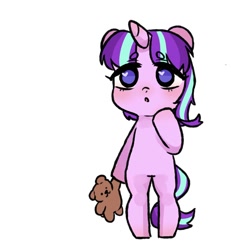 Size: 2000x2000 | Tagged: safe, artist:gloomynyan, starlight glimmer, pony, unicorn, :o, bipedal, cute, female, filly, filly starlight glimmer, glimmerbetes, heart eyes, open mouth, raised hoof, simple background, solo, teddy bear, white background, wingding eyes, younger