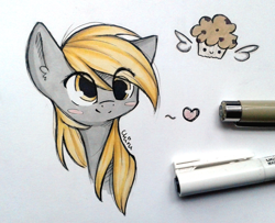 Size: 1024x831 | Tagged: safe, artist:chimeeri, derpy hooves, pegasus, pony, blushing, cute, female, food, heart, mare, muffin, solo, traditional art