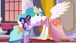 Size: 1745x995 | Tagged: safe, screencap, princess celestia, twilight sparkle, twilight sparkle (alicorn), alicorn, pony, make new friends but keep discord, female, mare, wing hands