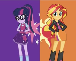 Size: 1449x1155 | Tagged: safe, editor:php77, sci-twi, sunset shimmer, twilight sparkle, equestria girls, boots, clothes, female, glasses, hands behind back, jacket, leather jacket, lesbian, ponytail, scitwishimmer, shipping, shoes, skirt, socks, sunsetsparkle