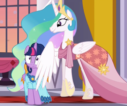 Size: 1207x1011 | Tagged: safe, screencap, princess celestia, twilight sparkle, twilight sparkle (alicorn), alicorn, pony, make new friends but keep discord, alternate hairstyle, clothes, dress, female, mare, wing hands, wing shove, wingpush