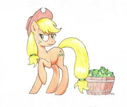 Size: 975x819 | Tagged: safe, artist:philo5, part of a set, applejack, earth pony, pony, applejack is not amused, envy, female, glare, jealous, mare, ponytail, raised hoof, simple background, sin of envy, solo, traditional art, unamused