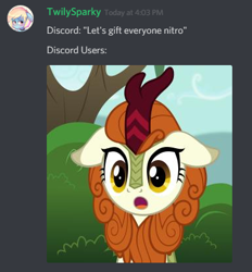 Size: 383x413 | Tagged: safe, edit, edited screencap, screencap, autumn blaze, kirin, sounds of silence, discord (program), discord nitro, meme, surprised pikachu