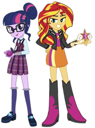 Size: 1054x1409 | Tagged: safe, editor:php77, sci-twi, sunset shimmer, twilight sparkle, equestria girls, equestria girls (movie), friendship games, alternate scenario, big crown thingy, clothes, element of magic, evil grin, female, grin, jewelry, magic capture device, regalia, school uniform, simple background, smiling, transparent background