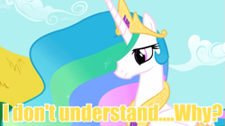 Size: 595x335 | Tagged: safe, screencap, princess celestia, alicorn, pony, image macro, meme, solo, yellow text