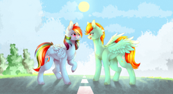 Size: 3500x1920 | Tagged: safe, artist:twinkepaint, derpibooru import, lightning dust, rainbow dash, pegasus, pony, cloven hooves, open mouth, raised hoof