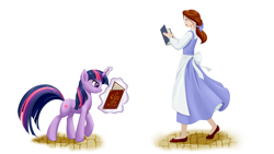 Size: 1920x1080 | Tagged: safe, artist:dstears, derpibooru import, twilight sparkle, beauty and the beast, belle, book, disney princess, magic, reading