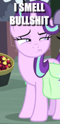 Size: 359x740 | Tagged: safe, edit, edited screencap, screencap, maud pie, starlight glimmer, pony, unicorn, rock solid friendship, bag, bucket, bullshit, caption, cherry, cropped, female, food, image macro, impact font, reaction image, saddle bag, skeptical, suspicious, text, text edit, vulgar