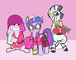 Size: 847x671 | Tagged: safe, artist:metal-kitty, derpibooru import, pinkie pie, twilight sparkle, twilight sparkle (alicorn), zecora, alicorn, earth pony, pony, zebra, engineer, female, mare, medic, medicora, pinkie soldier, soldier, team fortress 2, twi engie