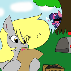 Size: 1024x1024 | Tagged: safe, artist:cubbybatdoodles, derpy hooves, twilight sparkle, pegasus, pony, unicorn, blushing, female, heart, lesbian, love letter, question mark, shipping, twerpy