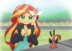 Size: 1407x1000 | Tagged: safe, artist:howxu, sunset satan, sunset shimmer, angel, equestria girls, clothes, crossover, cute, daydream shimmer, disney, female, good end, handstand, parody, shimmerbetes, shoulder angel, shoulder devil, signature, sunset's conscience, the emperor's new groove, upside down