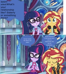 Size: 1135x1281 | Tagged: safe, editor:php77, sci-twi, sunset shimmer, twilight sparkle, better together, equestria girls, belt, bowtie, clothes, comic, female, geode of empathy, geode of telekinesis, glasses, jacket, leather jacket, lesbian, looking at you, magical geodes, ponytail, scitwishimmer, shipping, sunsetsparkle