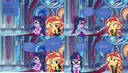 Size: 1915x1093 | Tagged: safe, editor:php77, sci-twi, sunset shimmer, twilight sparkle, better together, equestria girls, bowtie, clothes, comic, cute, female, geode of empathy, glasses, hand on hip, jacket, leather jacket, lesbian, magical geodes, ponytail, scitwishimmer, shipping, sunsetsparkle, twiabetes