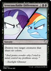 Size: 375x523 | Tagged: safe, derpibooru import, edit, rainbow dash, rarity, pegasus, pony, unicorn, the end in friend, ccg, magic the gathering, scrunchy face, trading card, trading card edit