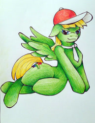 Size: 801x1040 | Tagged: safe, artist:joey darkmeat, artist:sk-ree, oc, oc only, oc:viva reverie, bedroom eyes, floppy ears, hat, immatoonlink, looking at you, on side, smiling, solo, spread wings, wide hips