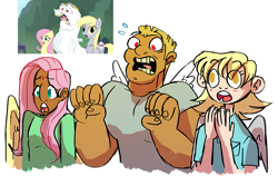 Size: 1280x814 | Tagged: safe, artist:stevetwisp, bulk biceps, derpy hooves, fluttershy, human, rainbow falls, bindi, dark skin, gasp, hindu, human coloration, humanized, scene interpretation, underp, winged humanization, wings