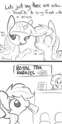 Size: 960x1920 | Tagged: safe, artist:tjpones, derpibooru import, rainbow dash, twilight sparkle, twilight sparkle (alicorn), alicorn, pegasus, pony, 30 minute art challenge, bait and switch, blushing, comic, cronyism, dialogue, female, friends with benefits, grayscale, horse taxes, mare, monochrome, mouth hold, nepotism, raised hoof, simple background, sweat, taxes, white background