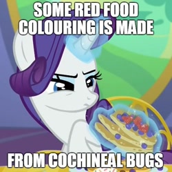 Size: 500x498 | Tagged: safe, edit, edited screencap, screencap, rarity, insect, pony, unicorn, castle sweet castle, caption, fact, food fact rarity, forced meme, meme, meta, solo