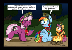 Size: 2489x1733 | Tagged: safe, artist:bobthedalek, derpibooru import, cheerilee, rainbow dash, scootaloo, earth pony, pegasus, pony, the end in friend, achievement, bow, campfire, clothes, female, filly, filly guides, fire, hat, mare, necktie, patch, tail bow, trio