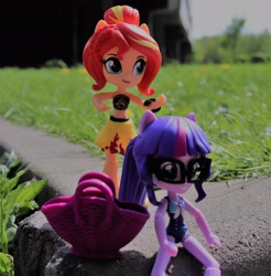 Size: 3203x3256 | Tagged: safe, artist:artofmagicpoland, sci-twi, sunset shimmer, twilight sparkle, better together, equestria girls, bag, clothes, doll, equestria girls minis, female, glasses, grass, lesbian, ponytail, scitwishimmer, shipping, sunsetsparkle, swimsuit, toy