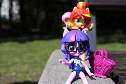 Size: 6000x4000 | Tagged: safe, artist:artofmagicpoland, fluttershy, sci-twi, sunset shimmer, twilight sparkle, better together, equestria girls, bag, clothes, doll, equestria girls minis, glasses, looking at you, pun title, swimsuit, toy