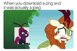 Size: 704x468 | Tagged: safe, edit, edited screencap, screencap, autumn blaze, tempest shadow, kirin, pony, unicorn, sounds of silence, caption, disgusted, exploitable meme, image macro, meme, meta, scam, shitposting, text, tongue out