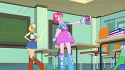 Size: 1180x663 | Tagged: safe, edit, edited screencap, screencap, applejack, pinkie pie, centaur, mantis pony, reverse centaur, equestria girls, equestria girls (movie), balloon, book, boots, bracelet, cellphone, centaur pie, centaurjack, classroom, clothes, computer, high heel boots, iphone, jewelry, laptop computer, skirt, wat