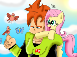 Size: 768x575 | Tagged: safe, artist:kesia-chan, fluttershy, bird, butterfly, pegasus, pony, android 16, crossover, dragon ball z, dragonball z abridged, toriyama