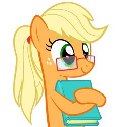 Size: 1068x1072 | Tagged: safe, artist:zacatron94, part of a set, applejack, earth pony, pony, adorkable, alternate hairstyle, book, cute, dork, female, freckles, glasses, jackabetes, mare, nerd pony, ponytail, simple background, solo, transparent background, vector