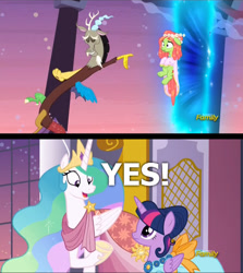 Size: 512x574 | Tagged: safe, screencap, discord, princess celestia, tree hugger, twilight sparkle, twilight sparkle (alicorn), alicorn, pony, make new friends but keep discord, frown, grin, image macro, meme, open mouth, portal, smiling, wide eyes, yes