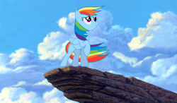 Size: 3000x1753 | Tagged: safe, artist:szinthom, derpibooru import, rainbow dash, pegasus, pony, cliff, cloud, cloudy, rock, scared, simba, sky, solo, the lion king, thinking, wind, worried