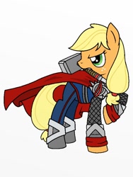 Size: 768x1024 | Tagged: safe, artist:o0vinylscratch0o, applejack, earth pony, pony, crossover, hammer, mouth hold, raised hoof, simple background, solo, the avengers, thor