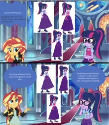 Size: 1090x1243 | Tagged: safe, artist:cloudyglow, artist:sketchmcreations, editor:php77, sci-twi, sunset shimmer, twilight sparkle, better together, equestria girls, bowtie, camp everfree outfits, clothes, comic, geode of telekinesis, glasses, magical geodes, ponytail, skirt