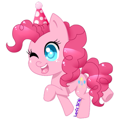 Size: 553x569 | Tagged: safe, artist:lexieskye, part of a set, pinkie pie, earth pony, pony, chibi, cute, hat, party hat, simple background, solo, transparent background, wink