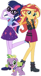 Size: 614x1149 | Tagged: safe, artist:cheezedoodle96, editor:php77, ray, sci-twi, spike, spike the regular dog, sunset shimmer, twilight sparkle, dog, better together, equestria girls, boots, bowtie, clothes, female, geode of empathy, geode of telekinesis, glasses, high heel boots, jacket, leather jacket, leopard gecko, lesbian, looking at you, magical geodes, peace sign, ponytail, raised leg, scitwishimmer, shipping, shoes, simple background, skirt, socks, sunsetsparkle, transparent background