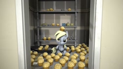 Size: 1920x1080 | Tagged: safe, artist:officialnovalin, derpy hooves, pegasus, pony, 3d, cable, female, food, lidded eyes, mare, muffin, prone, solo, the stanley parable