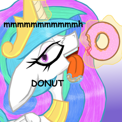 Size: 2000x2000 | Tagged: safe, artist:cuddlelamb, princess celestia, alicorn, pony, donut, donutlestia, floppy ears, magic, solo, telekinesis, tongue out