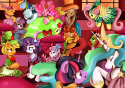 Size: 1024x726 | Tagged: safe, artist:shivall, apple bloom, applejack, discord, fluttershy, maud pie, pinkie pie, princess celestia, rainbow dash, rarity, scootaloo, smooze, sweetie belle, tree hugger, twilight sparkle, twilight sparkle (alicorn), alicorn, earth pony, pegasus, pony, unicorn, make new friends but keep discord, cutie mark crusaders, female, mane six, mare