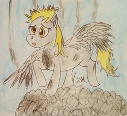 Size: 1440x1318 | Tagged: safe, artist:rapidsnap, derpy hooves, pegasus, pony, the last roundup, confused, electrocution, female, mare, shocked, singed, solo, traditional art