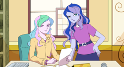 Size: 1024x559 | Tagged: safe, artist:magneticskye, princess celestia, princess luna, principal celestia, vice principal luna, equestria girls, celestia's office, equestria girls hearts and strings, looking at you