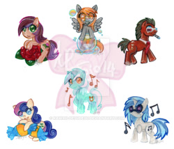 Size: 600x514 | Tagged: safe, artist:kawaii-desudesu, bon bon, derpy hooves, dj pon-3, doctor whooves, lyra heartstrings, roseluck, sweetie drops, vinyl scratch, pegasus, pony, 3d glasses, chibi, crossover, doctor who, female, flower, mare, obtrusive watermark, rose, sonic screwdriver, watermark