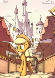 Size: 1413x2000 | Tagged: safe, artist:subjectnumber2394, applejack, earth pony, pony, canterlot, cart, market, solo, working