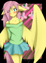 Size: 1459x2000 | Tagged: safe, artist:thekattyart, fluttershy, anthro, pegasus, female, pink hair, solo, wings, yellow coat