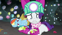 Size: 1280x720 | Tagged: safe, derpibooru import, screencap, rainbow dash, rarity, pegasus, pony, unicorn, the end in friend, bandana, boomerang (tv channel), boots, clothes, distraught, duo, female, gem, gem cave, glitter boots, helmet, mare, mining helmet, shards, shoes, wagon