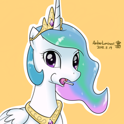 Size: 1200x1200 | Tagged: safe, artist:vanillafox2035, princess celestia, alicorn, pony, female, horn, lollipop, mare, multicolored mane, solo, white coat