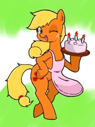 Size: 600x800 | Tagged: safe, artist:tebasaki, applejack, earth pony, pony, apron, bipedal, cake, clothes, pixiv, solo, wink