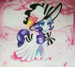Size: 854x761 | Tagged: safe, artist:hoshino-libra, rarity, pony, unicorn, clothes, dress, flower, flower blossom, hat, my fair lady, painting, solo, traditional art