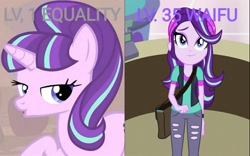 Size: 1752x1090 | Tagged: safe, edit, edited screencap, screencap, starlight glimmer, pony, unicorn, equestria girls, mirror magic, the cutie map, spoiler:eqg specials, :o, beanie, cute, equal cutie mark, female, glimmerbetes, hat, level up, lidded eyes, looking at you, mafia city, mare, open mouth, raised hoof, s5 starlight, smiling, solo, that's how mafia works, waifu